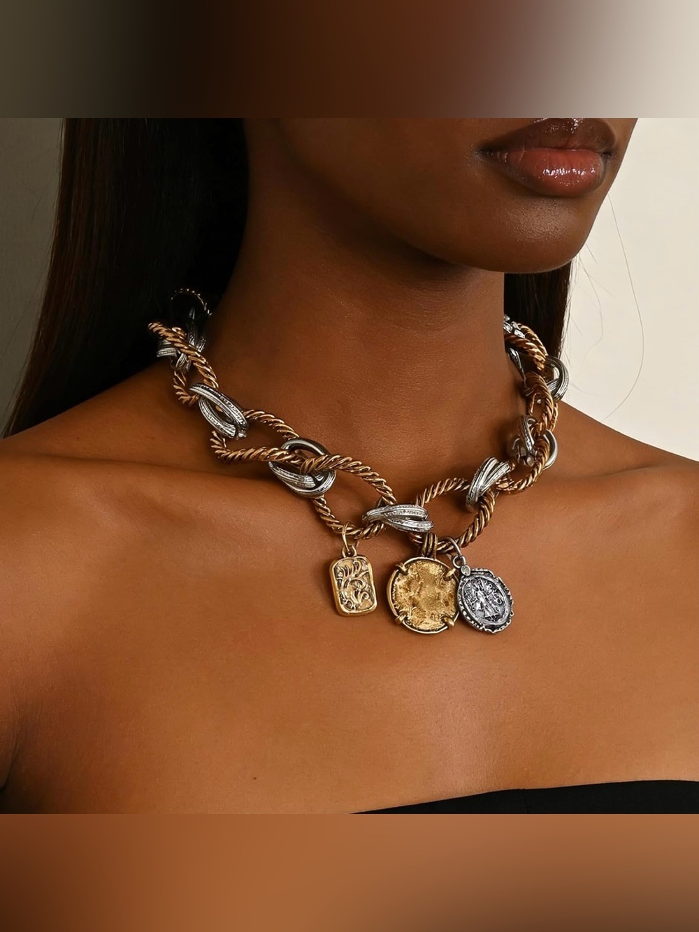 Vintage Mixed Metal Coin Charm Chain Necklace – Gold & Silver Statement Necklace - Picture 1 of 6